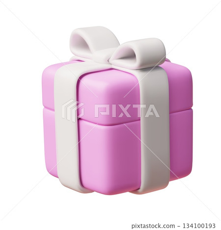 3D pink gift box with white ribbon bow, vector realistic volume icon for present holiday surprise birthday or Christmas 134100193