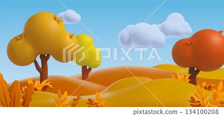 autumn forest nature background, orange grass playground 3D plastic style, vector cartoon field with trees ant plants 134100208