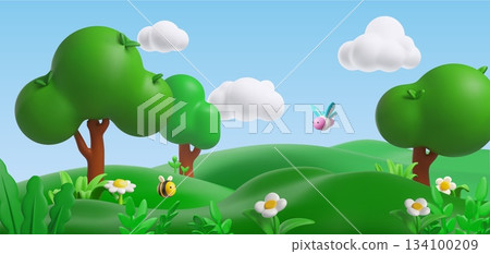 Realistic trees and flowers on green lawn with butterflies and bees flying, spring or summer nature vector background 134100209