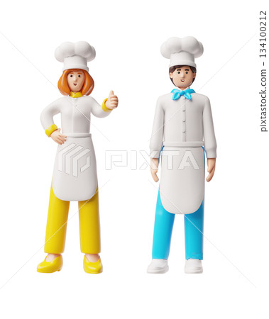 3D set of characters in aprons and white chef's hats, smiling and showing class. 3D set of characters in aprons and white chef's hats, smiling and showing class. 134100212