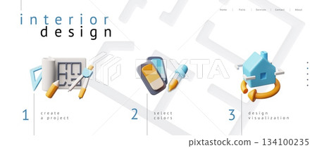 3D banner featuring interior design stages, project creation, color selection, and visualization. 3D banner featuring interior design stages, project creation, color selection, and visualization. 134100235