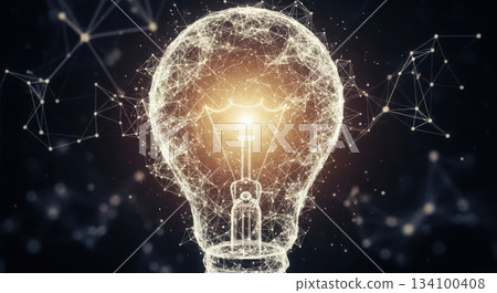 luminous filament bulb encompassed by particle mesh in dark surroundings symbolizing creativity luminous filament bulb encompassed by particle mesh in dark surroundings symbolizing creativity 134100408