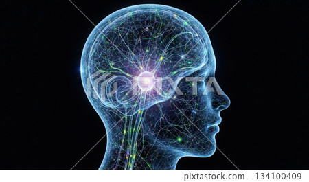 dynamic and vivid depiction of brain activity with glowing neural pathways and textured layers 134100409