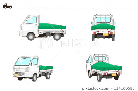一組白色輕型卡車及其裝載平台蓋的向量插圖。 一組白色輕型卡車及其裝載平台蓋的向量插圖。 134100593