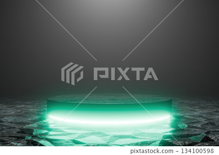 Empty dark gray illuminated studio podium stage background for product display 134100598