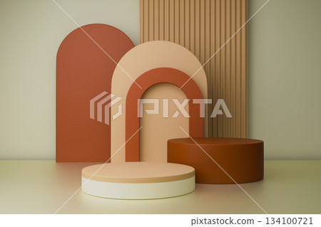 Minimal 3D studio background with orange and pink podiums and arch shapes Minimal 3D studio background with orange and pink podiums and arch shapes 134100721