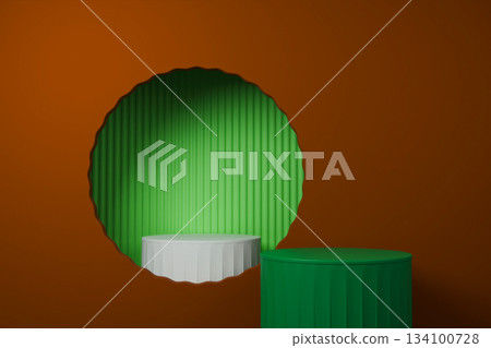 Empty 3D green podium stage with orange circle backdrop, minimal product scene Empty 3D green podium stage with orange circle backdrop, minimal product scene 134100728