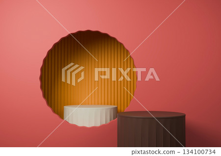 Empty 3D orange podium stage with red circle backdrop, minimal product scene Empty 3D orange podium stage with red circle backdrop, minimal product scene 134100734