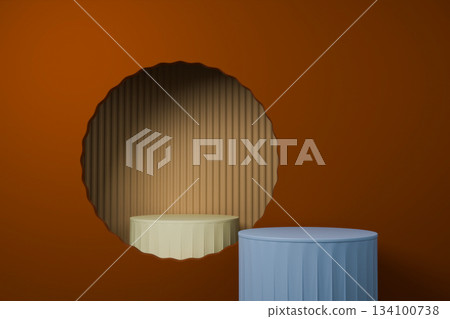 Empty 3D pink podium stage with orange circle backdrop, minimal product scene Empty 3D pink podium stage with orange circle backdrop, minimal product scene 134100738