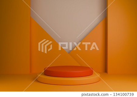 Minimal 3D studio background with orange and white podium and triangle shapes Minimal 3D studio background with orange and white podium and triangle shapes 134100739