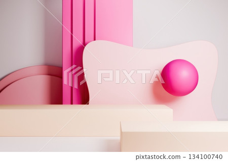 Abstract 3D geometric composition with soft shapes and spheres.pink background Abstract 3D geometric composition with soft shapes and spheres.pink background 134100740