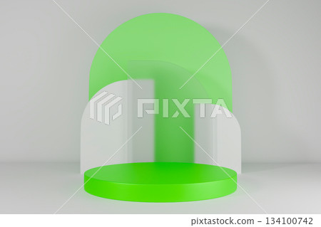 Minimal 3D studio background with bright green translucent arch and podium Minimal 3D studio background with bright green translucent arch and podium 134100742