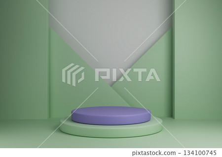 Minimal 3D studio background with purple and green podium and triangle shapes Minimal 3D studio background with purple and green podium and triangle shapes 134100745