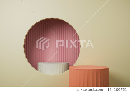 Empty 3D pink podium stage with orange circle backdrop, minimal product scene 134100761
