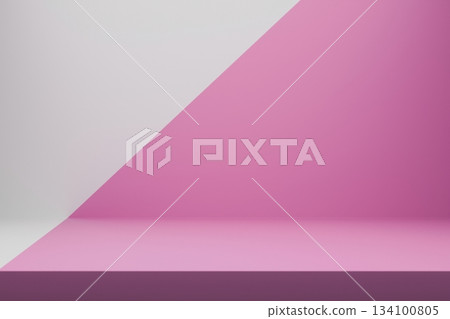 Empty minimal studio background with a pink podium and geometric shapes Empty minimal studio background with a pink podium and geometric shapes 134100805