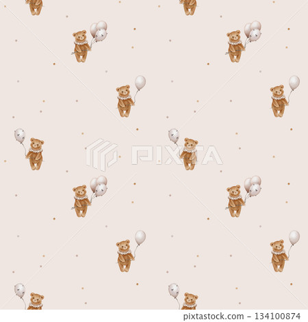 Seamless pattern with Watercolor Cute Teddy Bear Holding balloon. Repeat ornament with Valentine Brown bear toy with vintage Jabot collar. Illustration hand drawn on isolated background. 134100874
