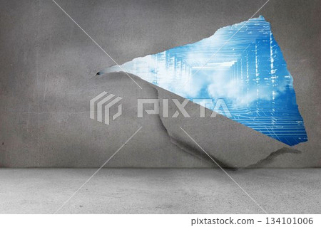 Rip on wall showing technology interface Rip on wall showing technology interface 134101006