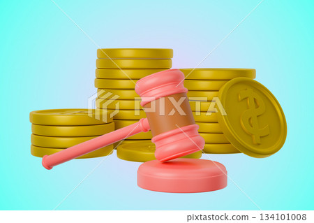 3D pink gavel, gold coins, and bank building, auction and finance concept 3D pink gavel, gold coins, and bank building, auction and finance concept 134101008