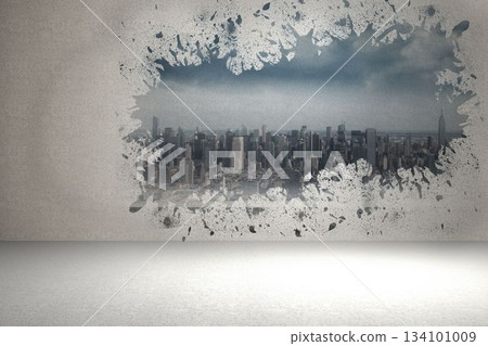 Flat design showing textured grey wall with irregular splatter opening revealing city skyline Flat design showing textured grey wall with irregular splatter opening revealing city skyline 134101009