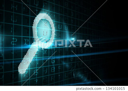 Dotted cyan-blue magnifying glass icon is glowing in flat design dark code grid with light streaks 134101015