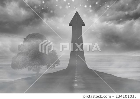 Asphalt road is morphing into upward arrow in surreal grayscale design with fog, tree, stars Asphalt road is morphing into upward arrow in surreal grayscale design with fog, tree, stars 134101033