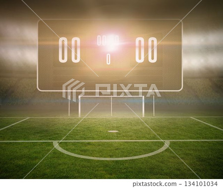 Football pitch with goalpost and scoreboard Football pitch with goalpost and scoreboard 134101034
