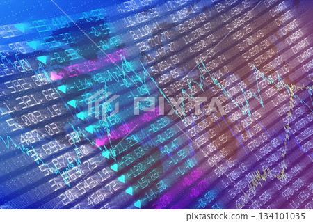 Flat abstract financial data visualization is showing numbers, jagged charts and arrows Flat abstract financial data visualization is showing numbers, jagged charts and arrows 134101035