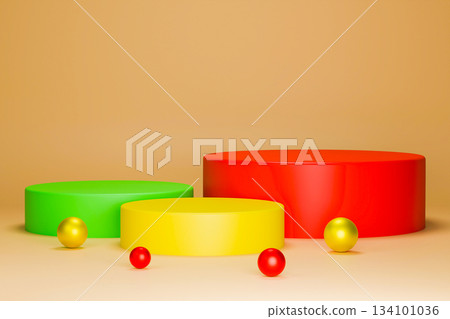 Empty 3D studio podium with gifts for holiday product display in orange scene Empty 3D studio podium with gifts for holiday product display in orange scene 134101036