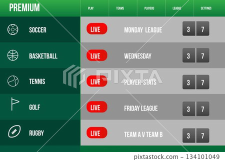 Flat design sports dashboard UI is displaying live listings, nav bar icons, LIVE badges and scores Flat design sports dashboard UI is displaying live listings, nav bar icons, LIVE badges and scores 134101049