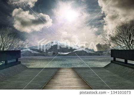 Wooden pier is extending over frozen lake in flat design showing railings, shrubs and mountains 134101073