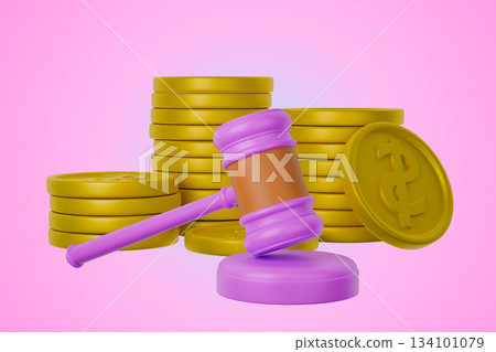 3D purple gavel, gold coins, and bank building, legal proceedings and finance 134101079