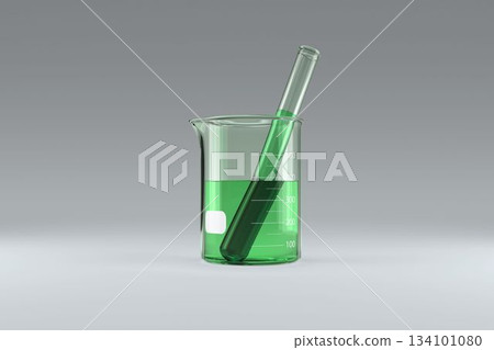 Beaker with green chemical solution 134101080