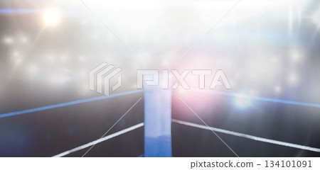 Boxing ring corner is being shown in flat design with blue padded turnbuckle post under spotlights 134101091