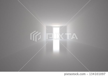 Minimalist flat design interior corridor is showing bright doorway reflecting light on glossy floor Minimalist flat design interior corridor is showing bright doorway reflecting light on glossy floor 134101097
