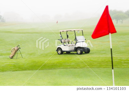 White two-seater golf cart is sitting on misty fairway in vector illustration with bag, red flag 134101103
