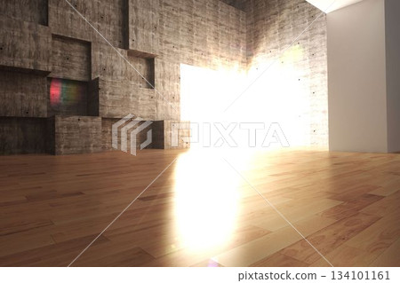 Image of room with wooden floor and stacked wall with copy space Image of room with wooden floor and stacked wall with copy space 134101161