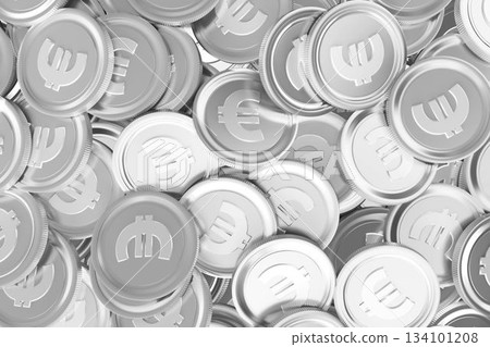 Close-up macro render is showing overlapping shiny metallic euro coins with embossed euro symbols Close-up macro render is showing overlapping shiny metallic euro coins with embossed euro symbols 134101208
