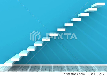 Floating staircase is ascending diagonally on bright blue wall in flat design, copy space Floating staircase is ascending diagonally on bright blue wall in flat design, copy space 134101277