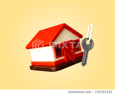 Cartoon house with a repair key logo, concept of home repair or maintenance 134101281