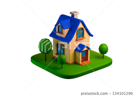 3D rendering of a small blue cartoon house with a garden, home concept 3D rendering of a small blue cartoon house with a garden, home concept 134101290