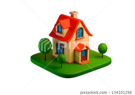 3D rendering of a small red cartoon house with a garden, property concept 134101298