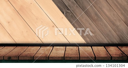 Rustic wooden tabletop surface is resting in flat design studio scene, with two-tone plank wall Rustic wooden tabletop surface is resting in flat design studio scene, with two-tone plank wall 134101304