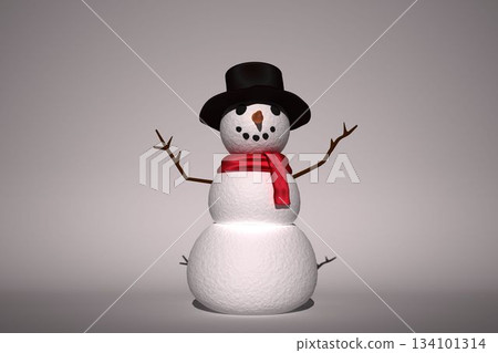 Snowman is standing on surface in 3D render with top hat, red scarf and carrot nose 134101314
