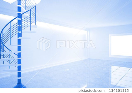Bright blue room with spiral staircase 134101315