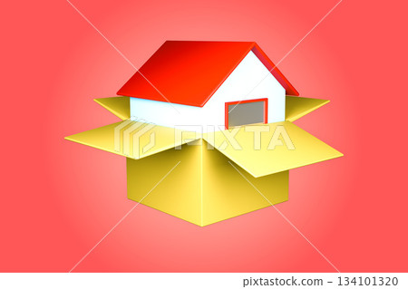 3D cartoon red house coming out of a cardboard box, moving or delivery concept 134101320