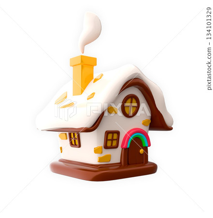 3D rendering of a cozy cartoon house covered in snow, winter holiday concept 134101329
