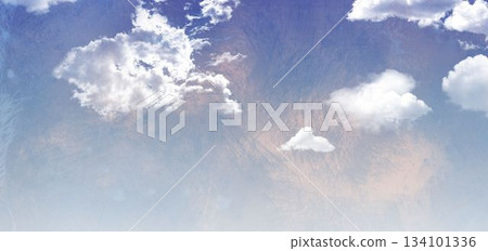 White cloud cluster is floating in soft blue sky with scattered wispy clouds, textured overlay 134101336