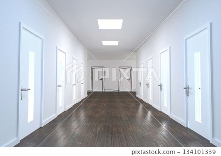 Flat design hallway is showing white frosted doors, dark floor, skylights, black doodle outlines Flat design hallway is showing white frosted doors, dark floor, skylights, black doodle outlines 134101339