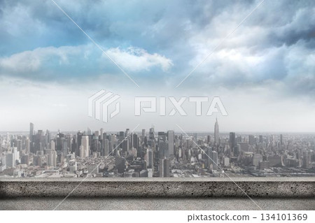 City skyline stretching over rooftop in flat illustration, featuring concrete ledge and skyscrapers City skyline stretching over rooftop in flat illustration, featuring concrete ledge and skyscrapers 134101369