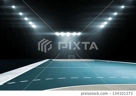 Flat design handball court is glowing under spotlights showing dashed boundary lines and goal frame Flat design handball court is glowing under spotlights showing dashed boundary lines and goal frame 134101373